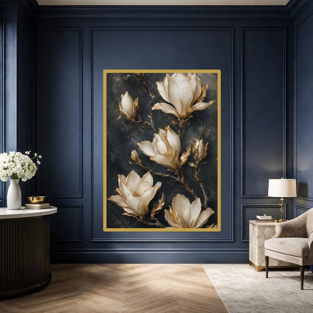 Gold Magnolia Flowers Wall Art Print, Elegant Floral Art Canvas Art, Living Room Decor, Ready to Hang