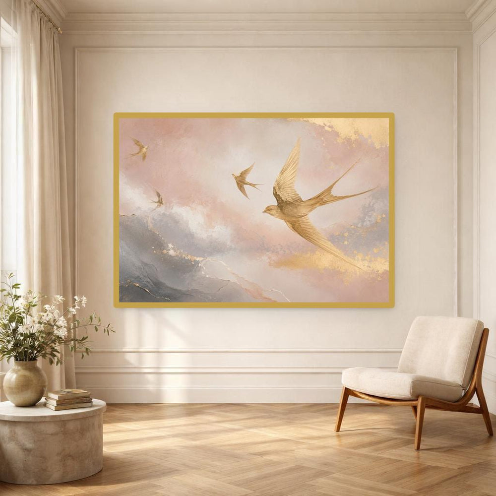 Pink Soft Abstract Flying Birds in Clouds Canvas Print, Birds Wall Art, Living Room Decor, Framed Canvas