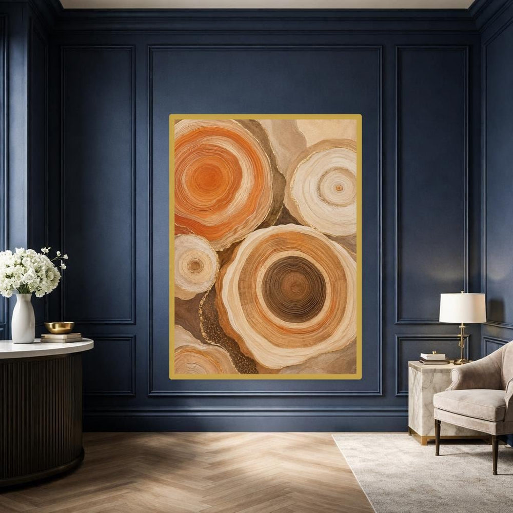 Orange Textured Abstract Art Abstract Wood Rings Canvas Print, Abstract Art Print, Living Room Decor, Framed Canvas