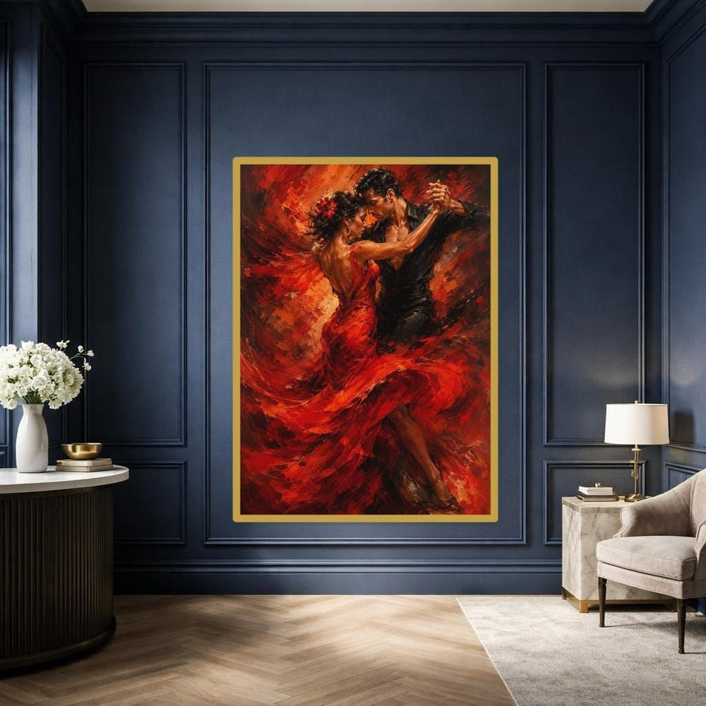 Red Passionate Dance Dancing Couple in Red Canvas Wall Art, Dance Art, Living Room Decor, Framed Canvas