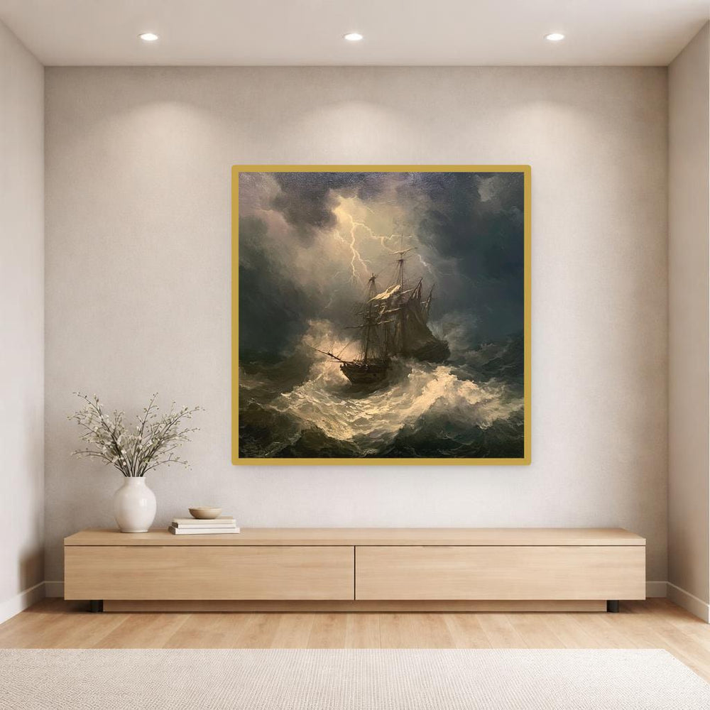 Stormy Ship At Sea Canvas Wall Art, Dark Blue Dramatic Seascape Nautical Art, Living Room Decor, Gallery Wall Art