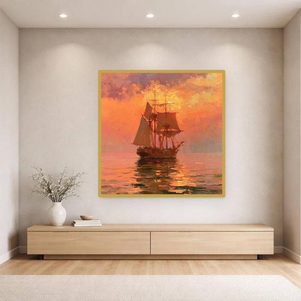 Sailing Ship At Sunset Canvas Wall Art, Orange Romantic Seascape Ocean Art Print, Living Room Decor, Gallery Wall Art