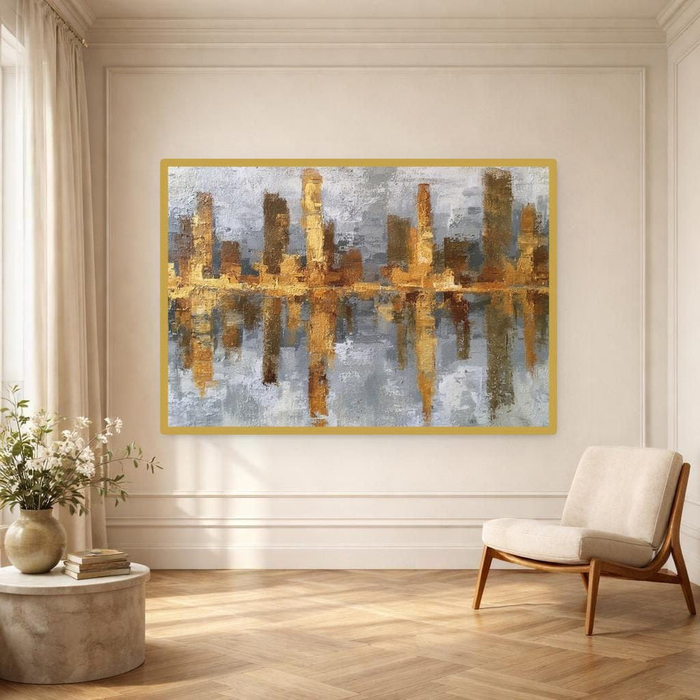 Abstract Gold Cityscape Canvas Wall Art, Gold Textured Abstract Art Cityscape Print, Living Room Decor, Gallery Wall Art