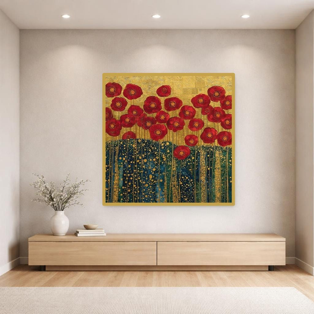Gustav Klimt Red Floral Canvas Wall Art, Colorful Floral Print, Art Nouveau Living Room Decor, Framed Canvas