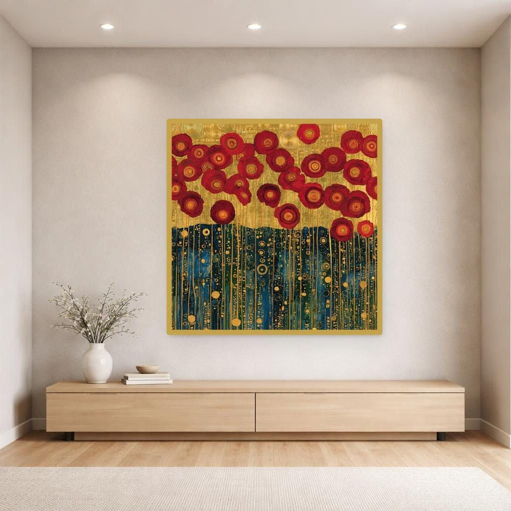 Gustav Klimt Red Floral Canvas Print, Golden Botanical Wall Art, Elegant Bedroom Decor, Ready to Hang