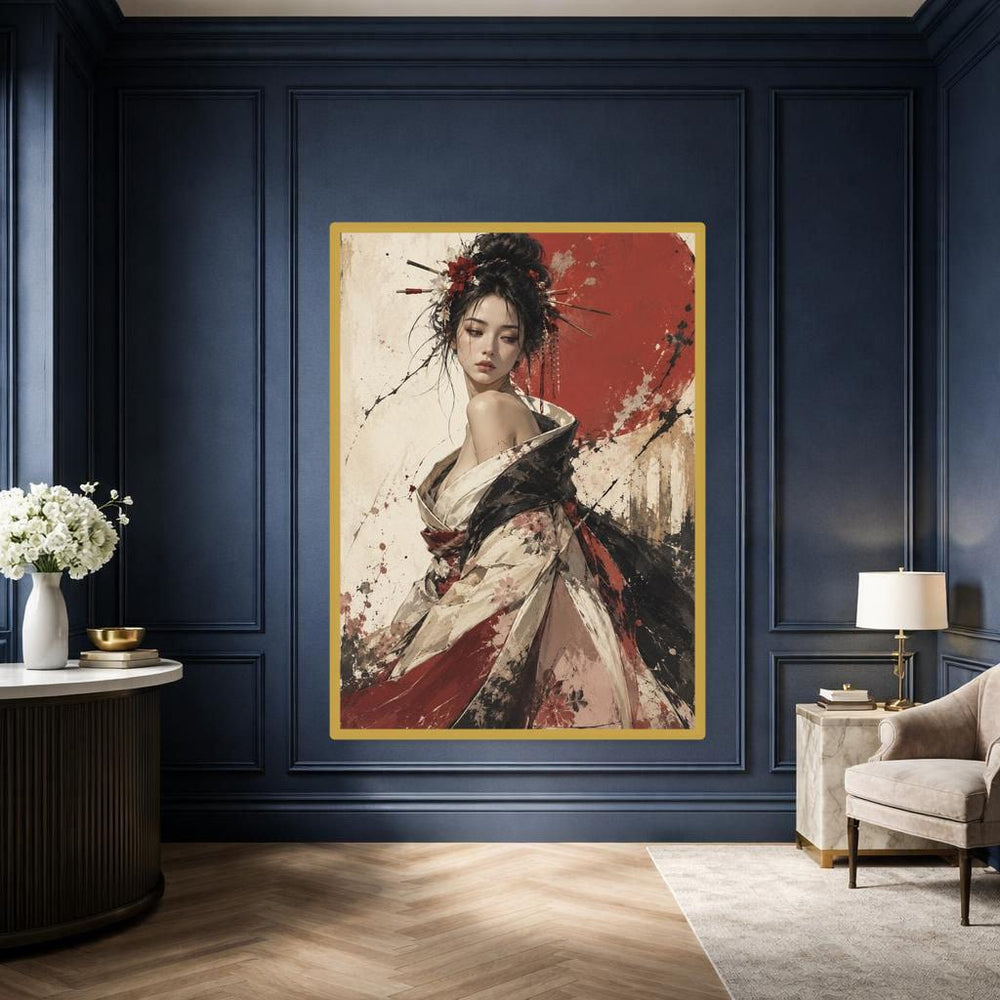 Japanese Geisha Woman Canvas Wall Art, Asian Kimono Portrait Print, Living Room Decor, Framed Canvas