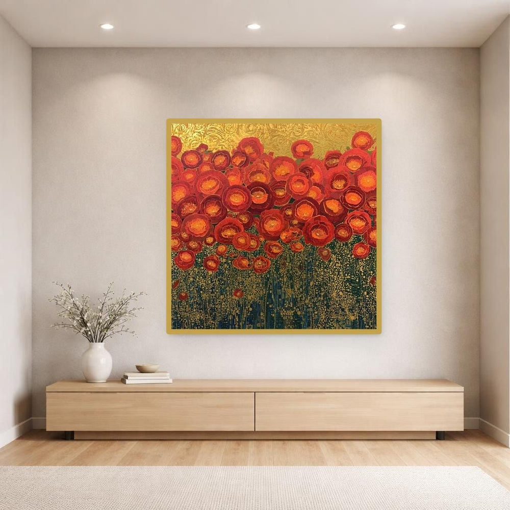 Gustav Klimt Red Floral Canvas Wall Art, Colorful Floral Print, Art Nouveau Living Room Decor, Framed Canvas
