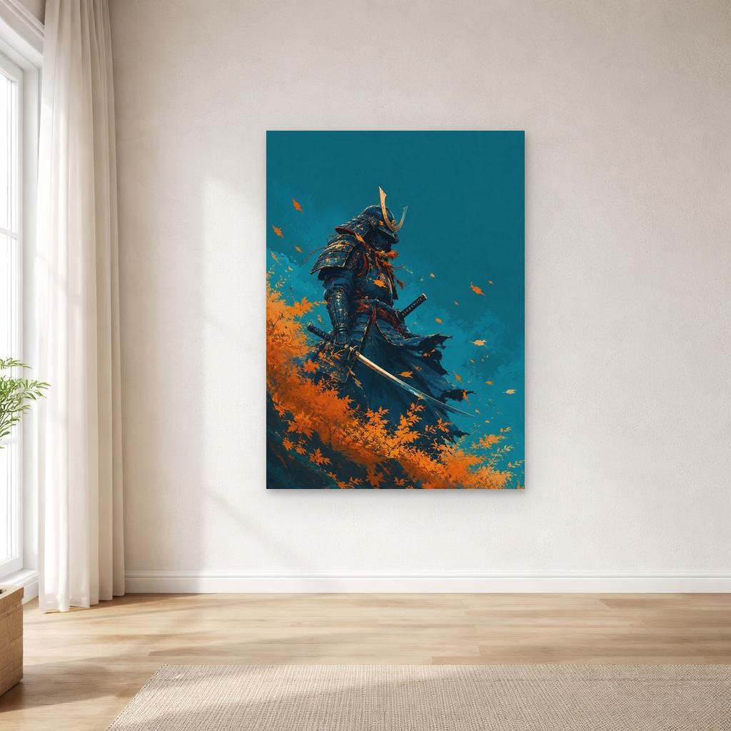 Blue Samurai Warrior Canvas Wall Art, Japanese Warrior Portrait Print, Study Decor, Framed Canvas
