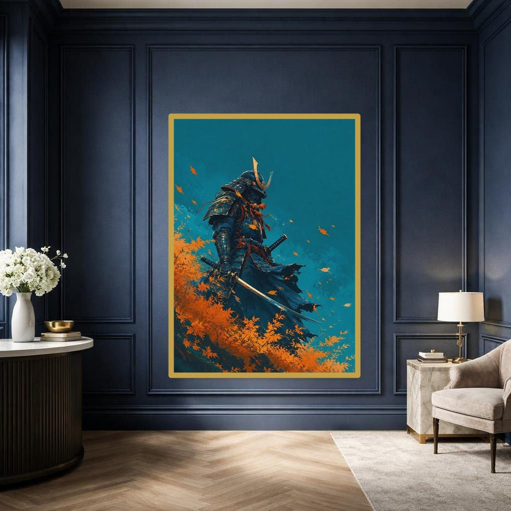 Blue Samurai Warrior Canvas Wall Art, Japanese Warrior Portrait Print, Study Decor, Framed Canvas
