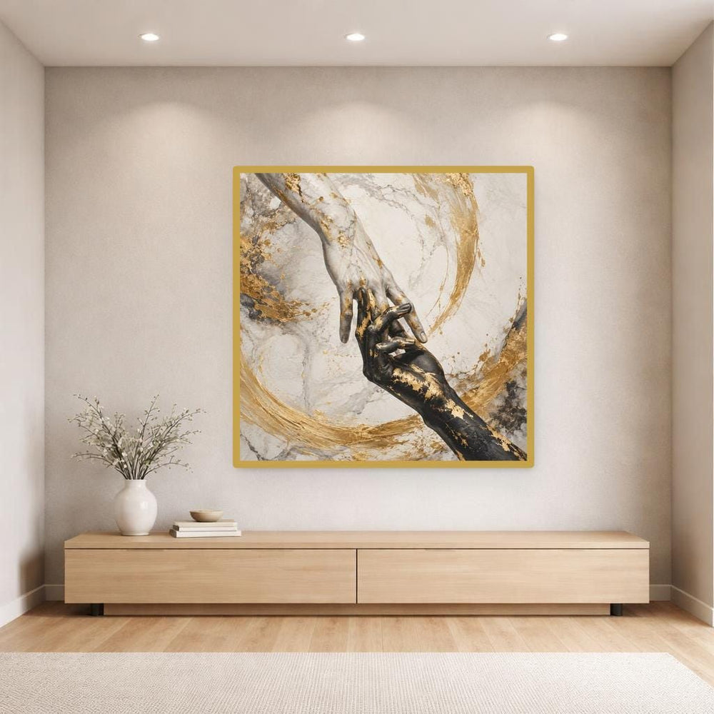 Hands Touching Gold Art Print, Modern Abstract Canvas Wall Art, Living Room Decor, Framed Canvas