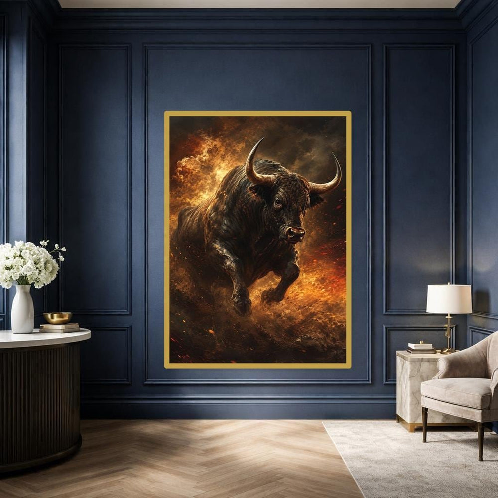 Black Dynamic Animal Art Charging Bull Canvas Wall Art, Animal Wall Art, Office Decor, Framed Canvas