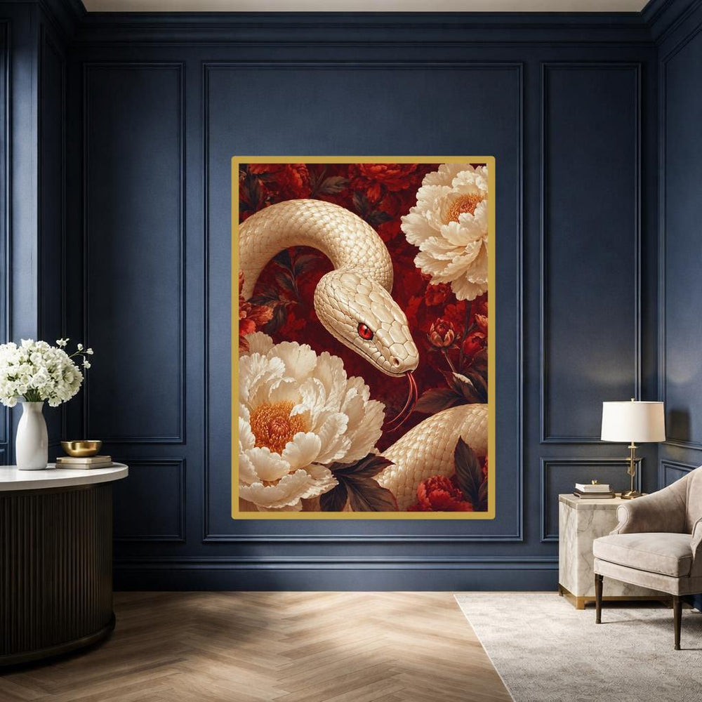 White Snake and Peonies Wall Art Print, Floral Fantasy Canvas Art, Living Room Decor, Ready to Hang