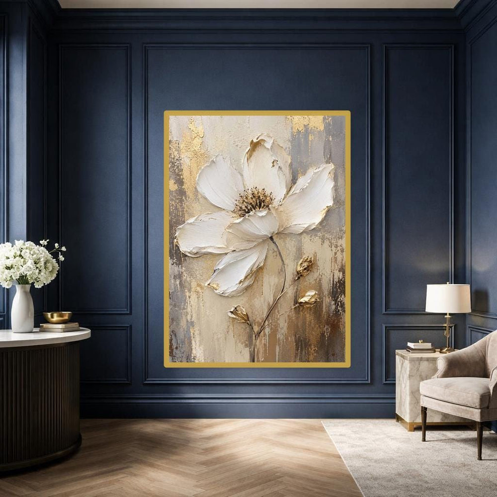Textured White Flower Framed Canvas Print, Textured Floral Art Wall Art, Living Room Decor