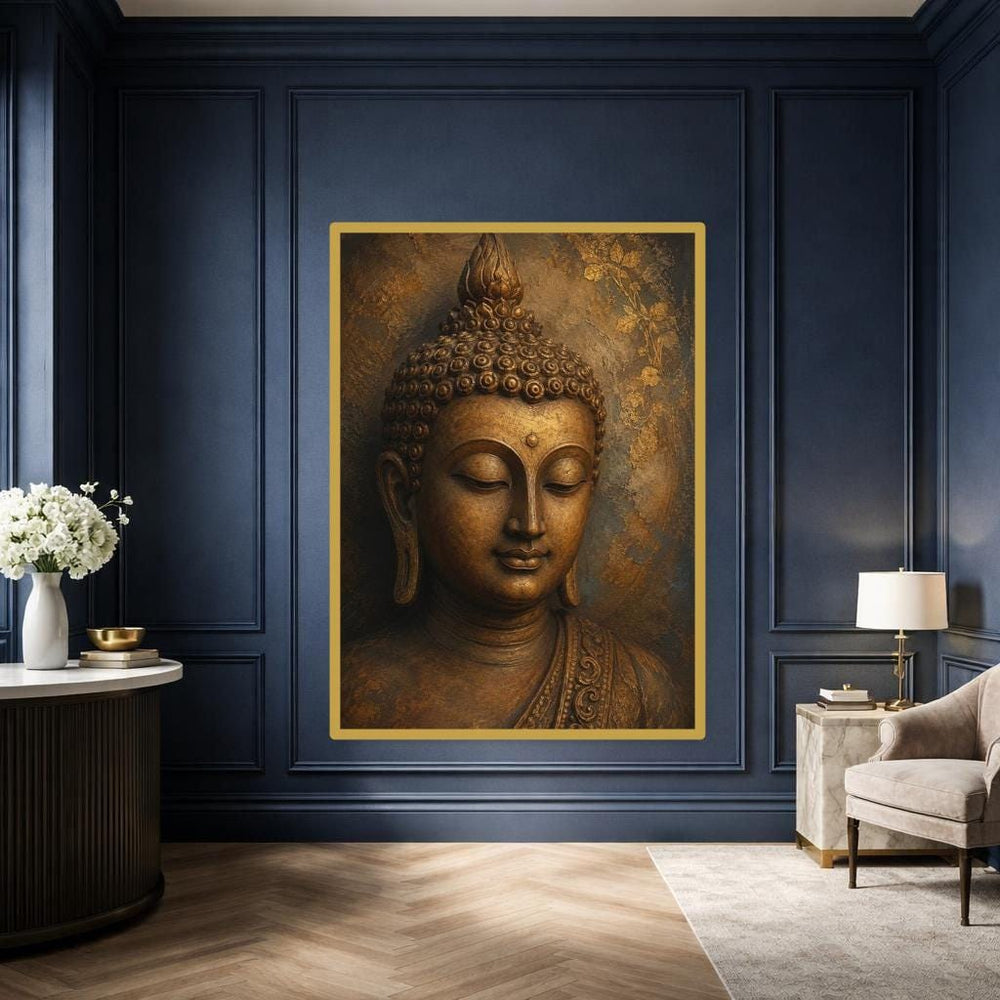 Golden Buddha Portrait Canvas Wall Art, Meditative Spiritual Print, Prayer Room Decor, Ready to Hang