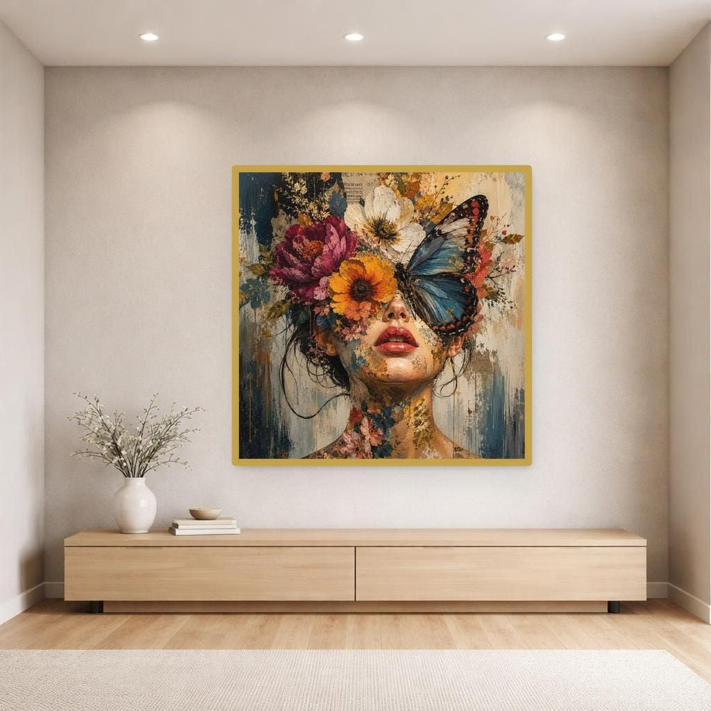 Floral Woman Portrait Framed Canvas Print, Black Red Floral Wall Art, Dark Romantic Bedroom Decor