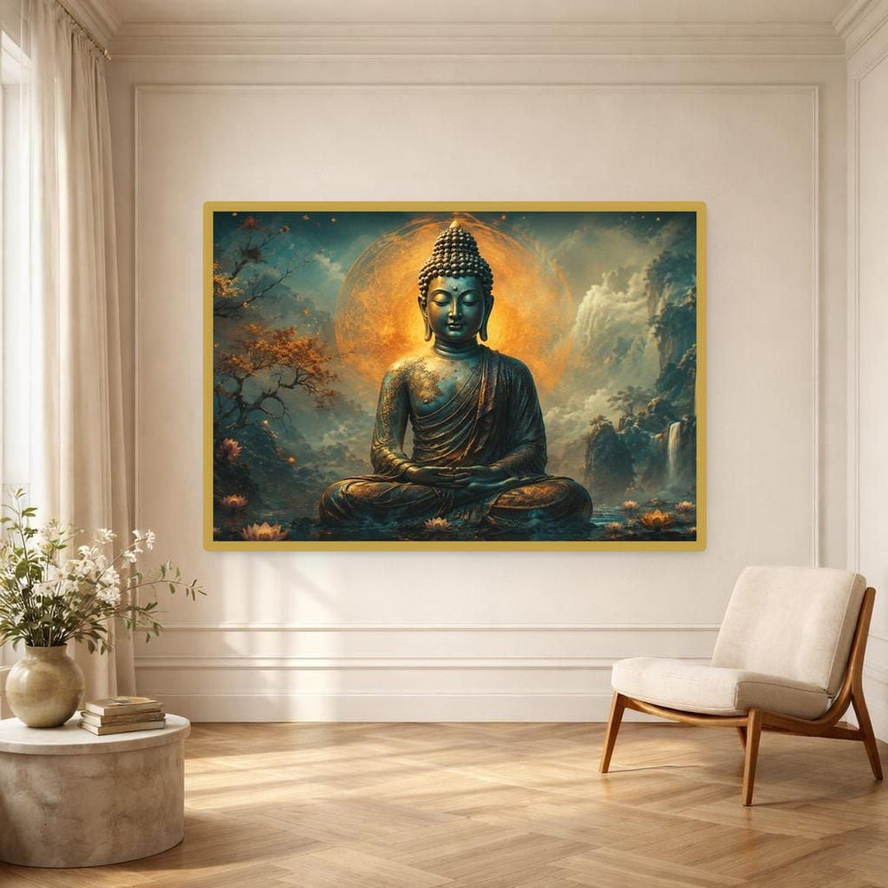 Golden Buddha Meditation Art Print, Spiritual Serenity Canvas Wall Art, Meditation Room Decor, Framed Canvas