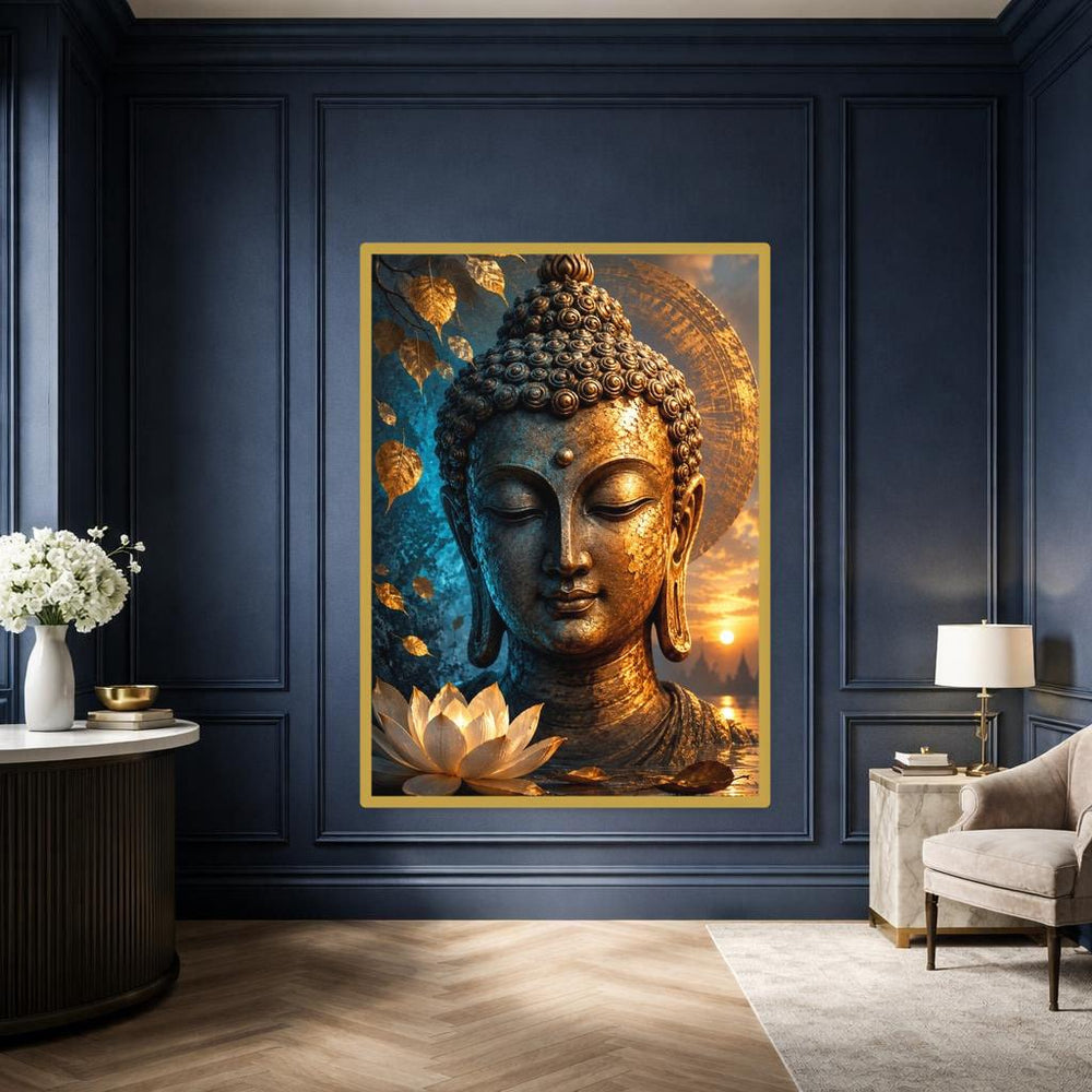 Gold Zen Serenity Golden Buddha with Lotus Canvas Wall Art, Buddha Art, Meditation Room Decor, Framed Canvas