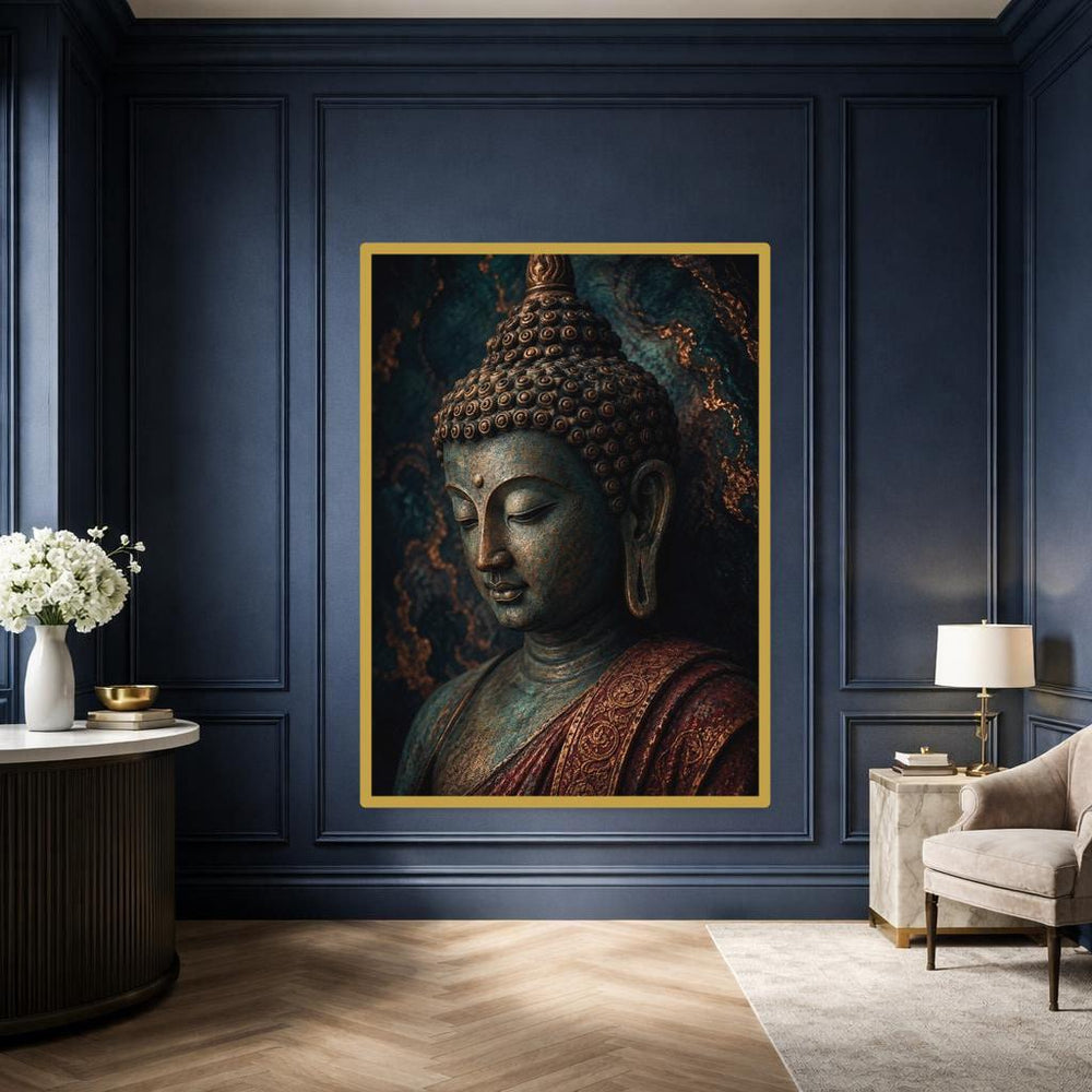 Golden Buddha Portrait Framed Canvas Print, Meditative Sculpture Wall Art, Prayer Room Decor