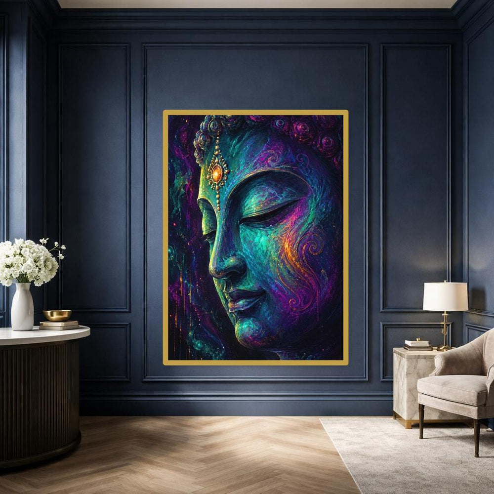 Buddha Face Portrait Art Print, Colorful Spiritual Art Canvas Wall Art, Meditation Room Decor, Framed Canvas
