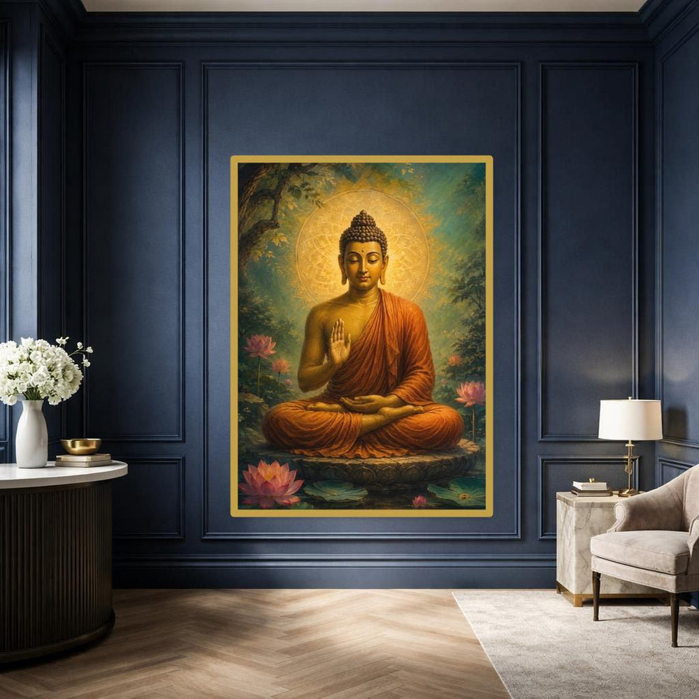 Golden Buddha Meditation Framed Canvas Print, Spiritual Serenity Wall Art, Prayer Room Decor