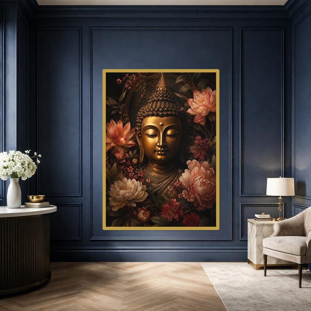 Gold Zen Floral Art Golden Buddha with Flowers Canvas Print, Buddha Print, Meditation Room Decor, Framed Canvas