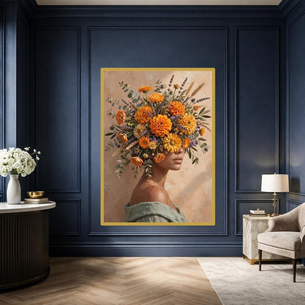 Floral Woman Portrait Canvas Wall Art, Orange Boho Floral Floral Print, Living Room Decor, Gallery Wall Art