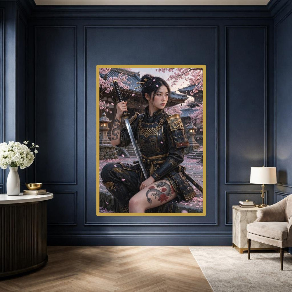 Black Samurai Woman Framed Canvas Print, Warrior Kimono Wall Art, Japanese Study Decor