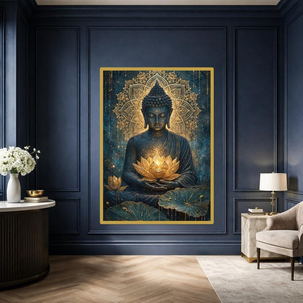 Gold Spiritual Mandala Golden Buddha with Lotus Canvas Print, Buddha Art Print, Meditation Room Decor, Framed Canvas