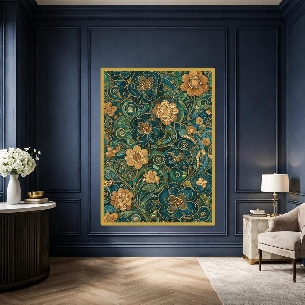 Gustav Klimt Floral Mosaic Canvas Wall Art, Colorful Floral Print, Art Nouveau Living Room Decor, Framed Canvas