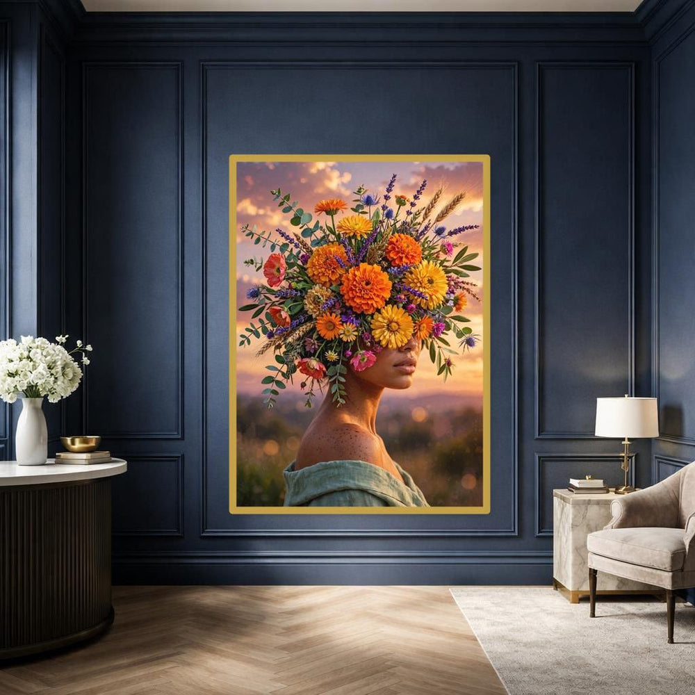 Floral Woman Portrait Canvas Wall Art, Tattooed Woman Rose Print, Gothic Bedroom Decor, Framed Canvas