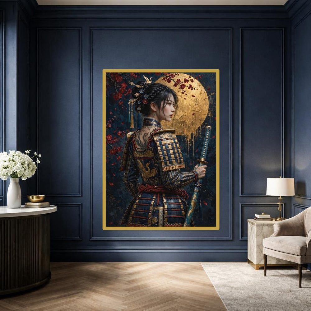 Blue Samurai Woman Canvas Print, Katana Samurai Woman Portrait, Asian Wall Decor, Ready to Hang
