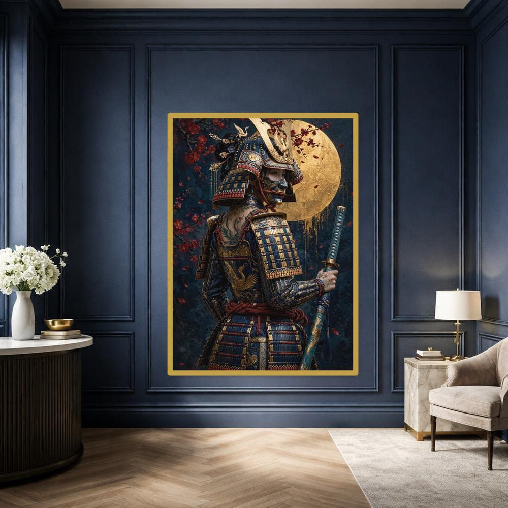 Blue Samurai Woman Canvas Wall Art, Sword Warrior Portrait, Asian Bedroom Decor, Framed Canvas