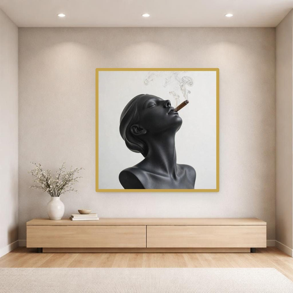 Black Moody Portrait Woman Smoking Cigar Canvas Wall Art, Portrait Art, Living Room Decor, Framed Canvas