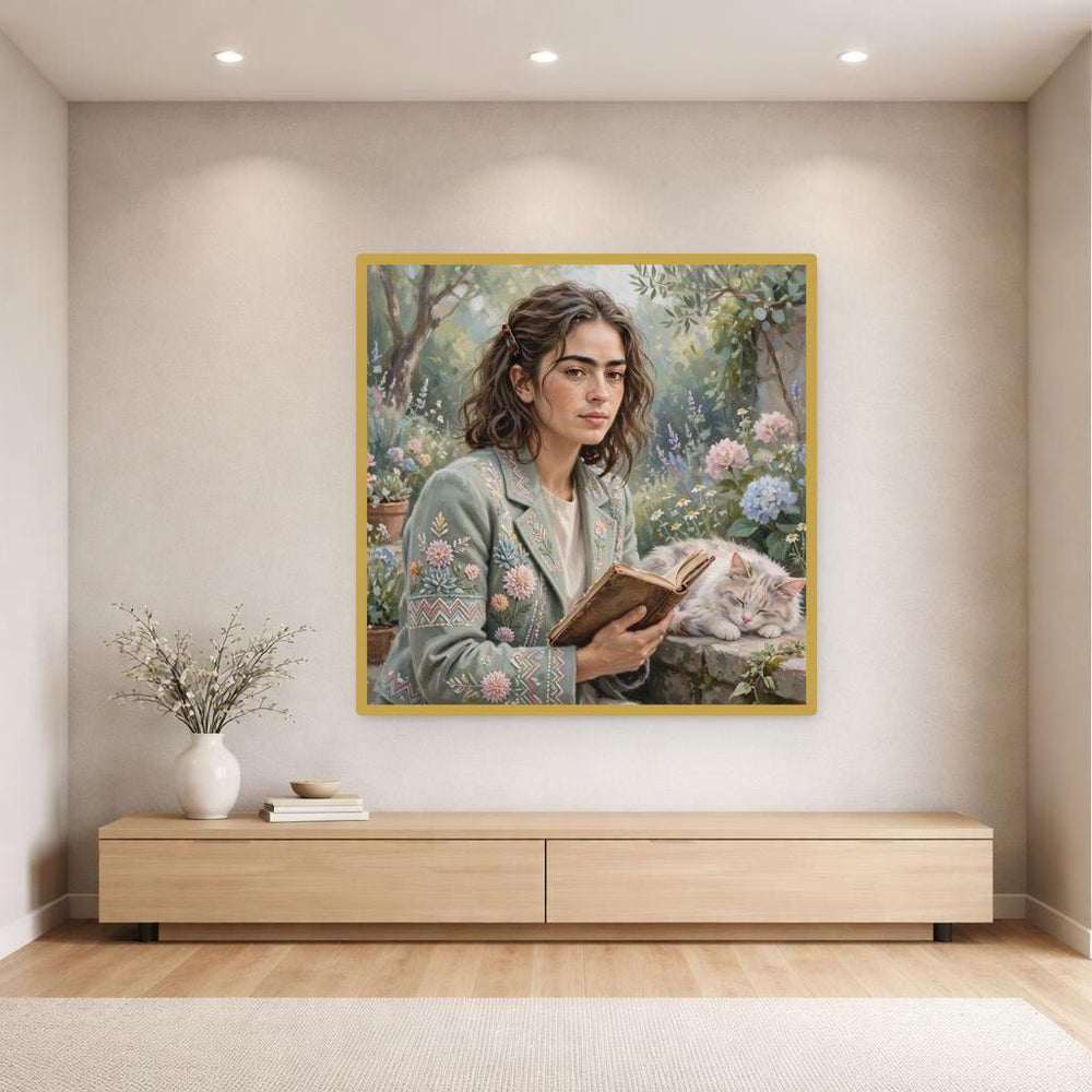 Woman Reading Book Canvas Wall Art, Green Floral Portrait Woman Portrait Print, Living Room Decor, Gallery Wall Art