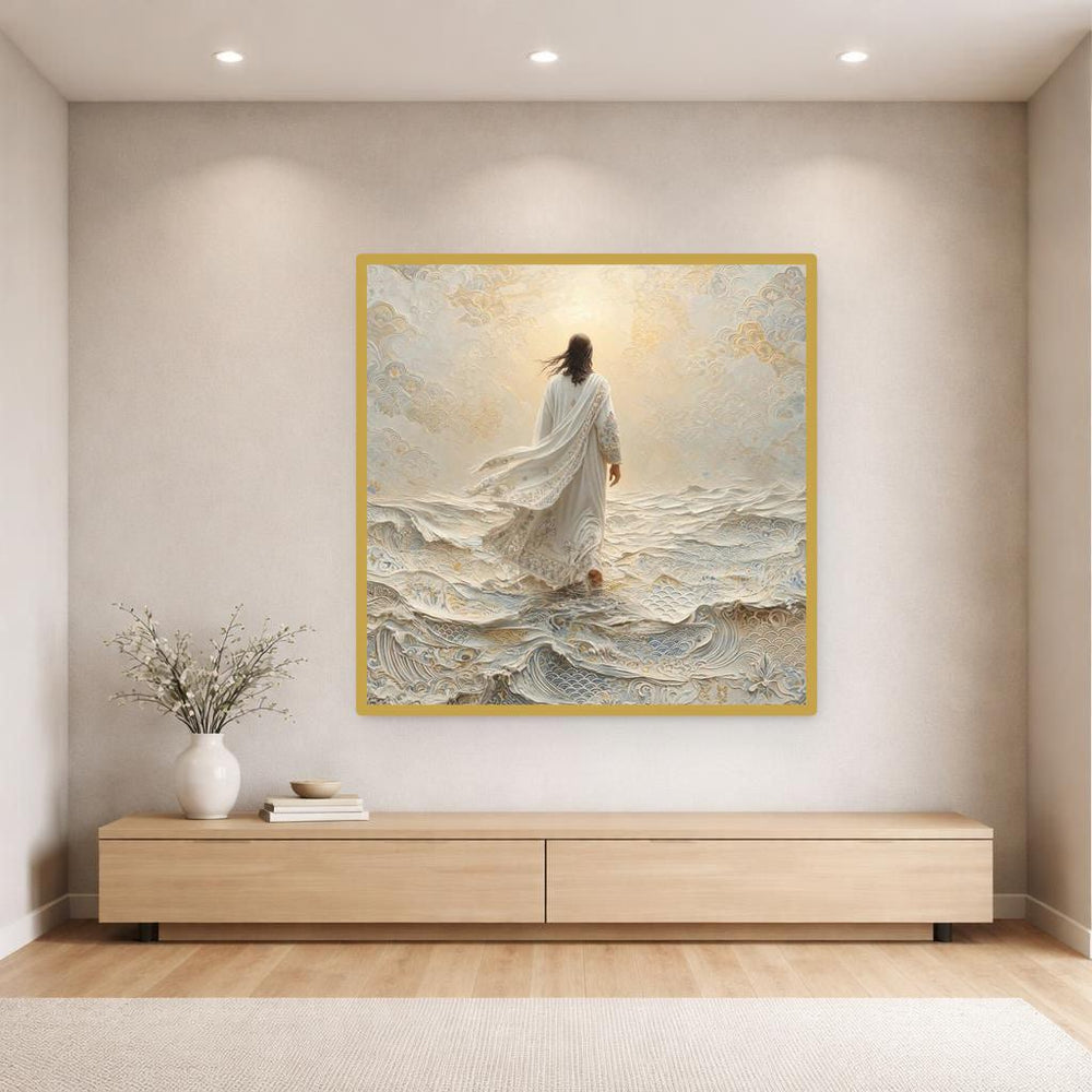 White Heavenly Religious Gustav Klimt Jesus Walking on Water Canvas Print, Religious Art, Prayer Room Decor, Framed Canvas