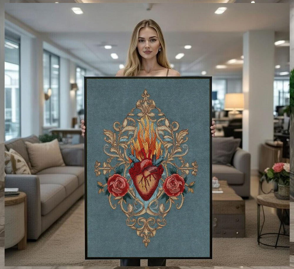 Sacred Heart Floral Canvas Wall Art Print  Boho Living Room Decor  Modern Art Lovers