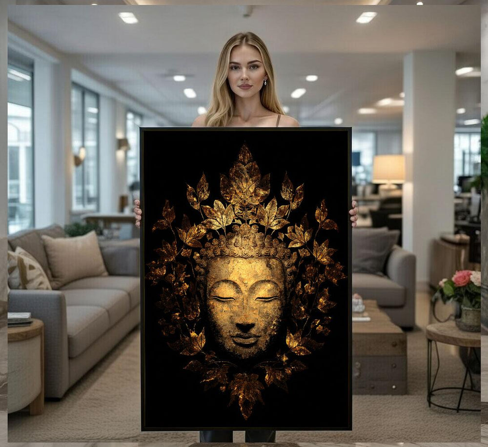 Elegant Buddha Gold Leaf Canvas Wall Art Print  Zen Living Room Decor  Statement Piece