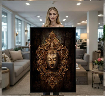 Image 1 of Elegant Buddha Golden Sculpture Canvas Wall Art Print | Zen Living Room Decor | Statement Piece