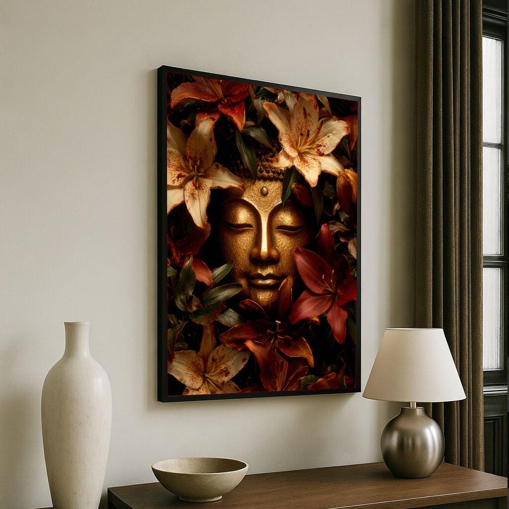 Image 6 of Tranquil Buddha Floral Canvas Wall Art Print | Warm Tones Living Room Decor | Modern Art Lovers