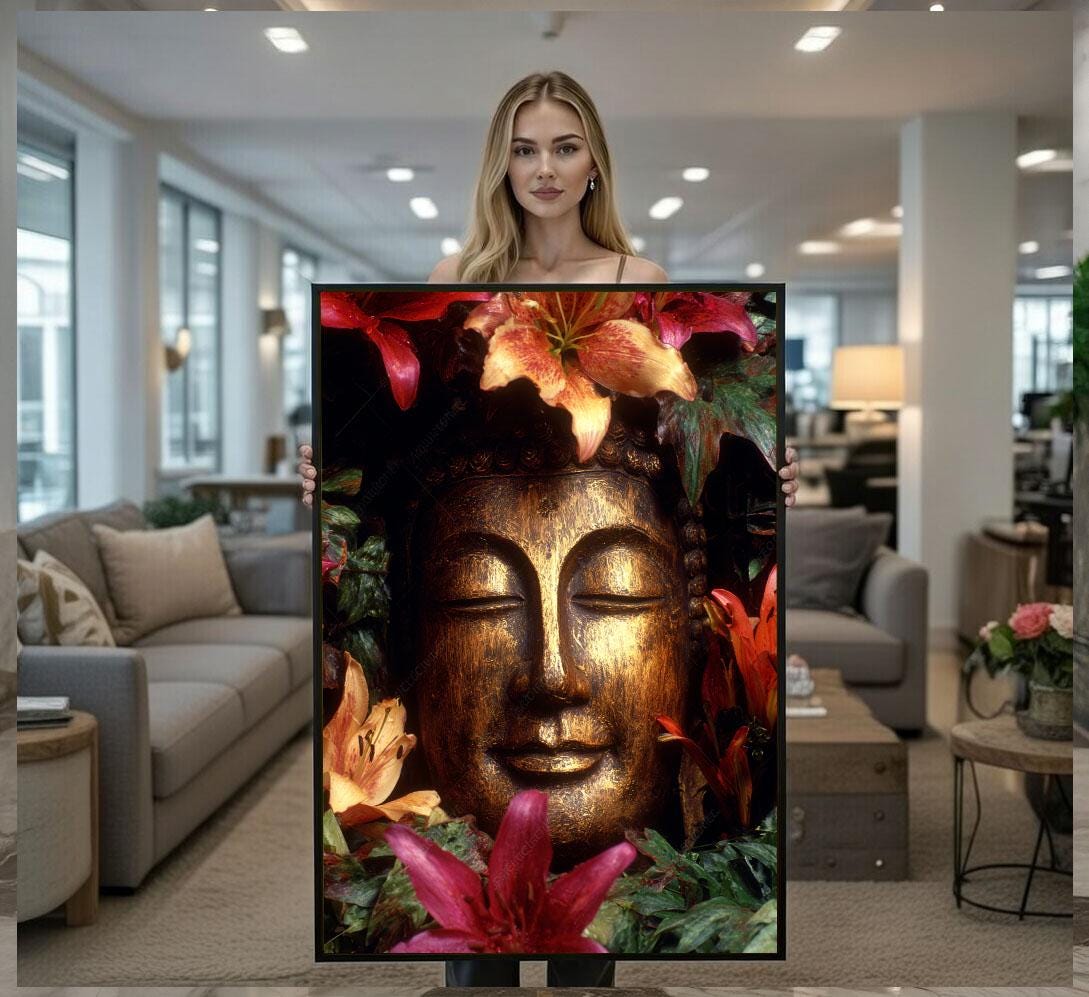Image 1 of Serene Buddha Floral Canvas Wall Art Print | Zen Living Room Decor | Meditation Statement Piece