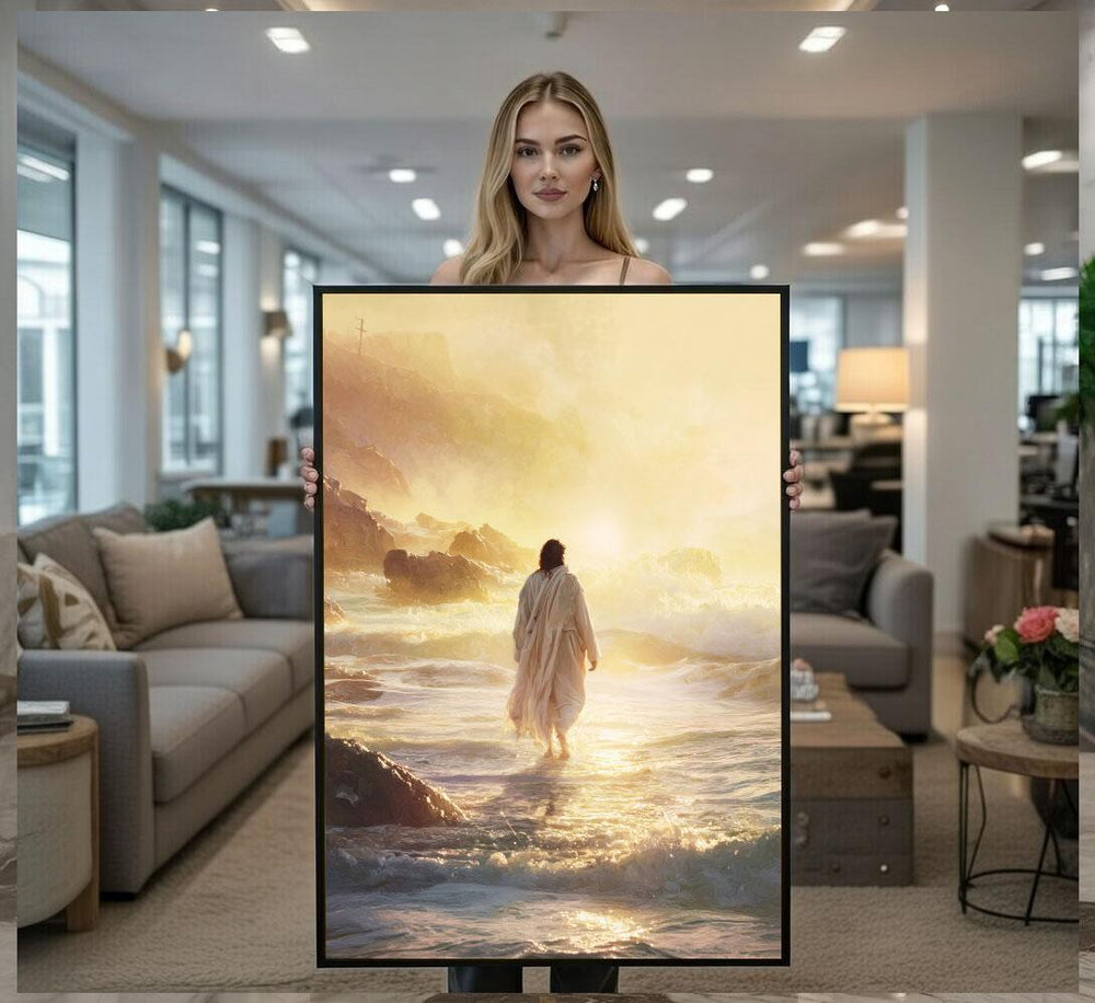 Radiant Jesus Walking on Water Canvas Wall Art Print  Serene Living Room Decor  Statement Piece