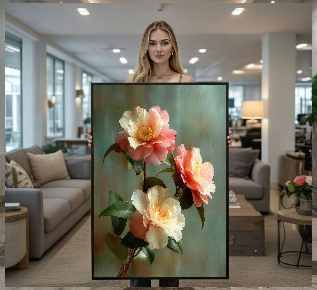 Image 1 of Elegant Floral Bloom Canvas Wall Art Print | Soft Pastel Living Room Decor | Ready to Hang