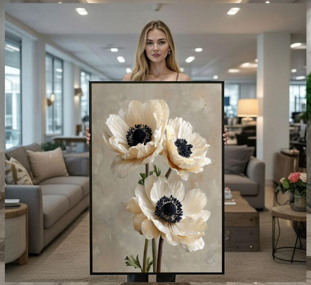 Elegant White Floral Canvas Wall Art Print  Minimalist Bedroom Decor  Ready to Hang