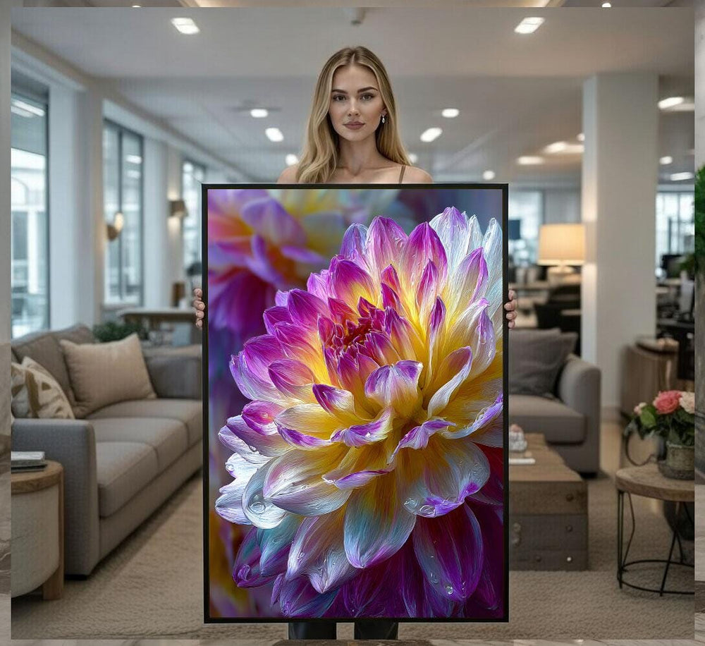 Vibrant Dahlia Flower Canvas Wall Art Print  Colorful Living Room Decor  Modern Art Lovers