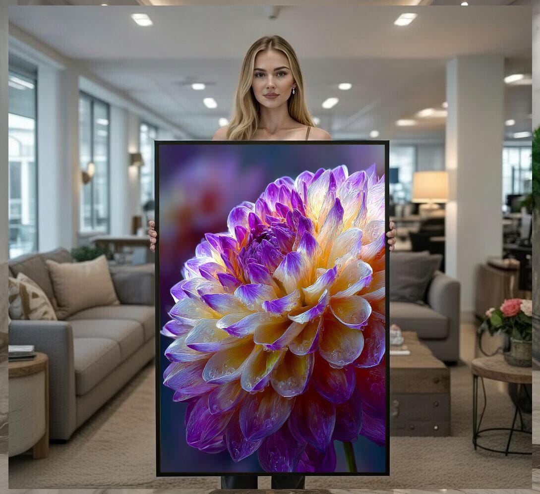 Image 1 of Vibrant Purple Dahlia Flower Canvas Wall Art Print | Modern Living Room Decor | Ready to Hang