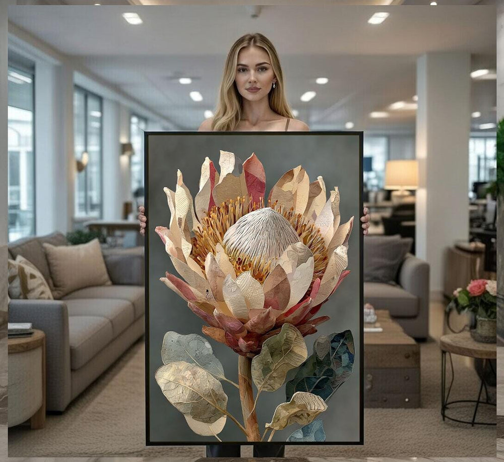 Elegant Protea Flower Modern Canvas Wall Art Print  Neutral Living Room Decor  Ready to Hang