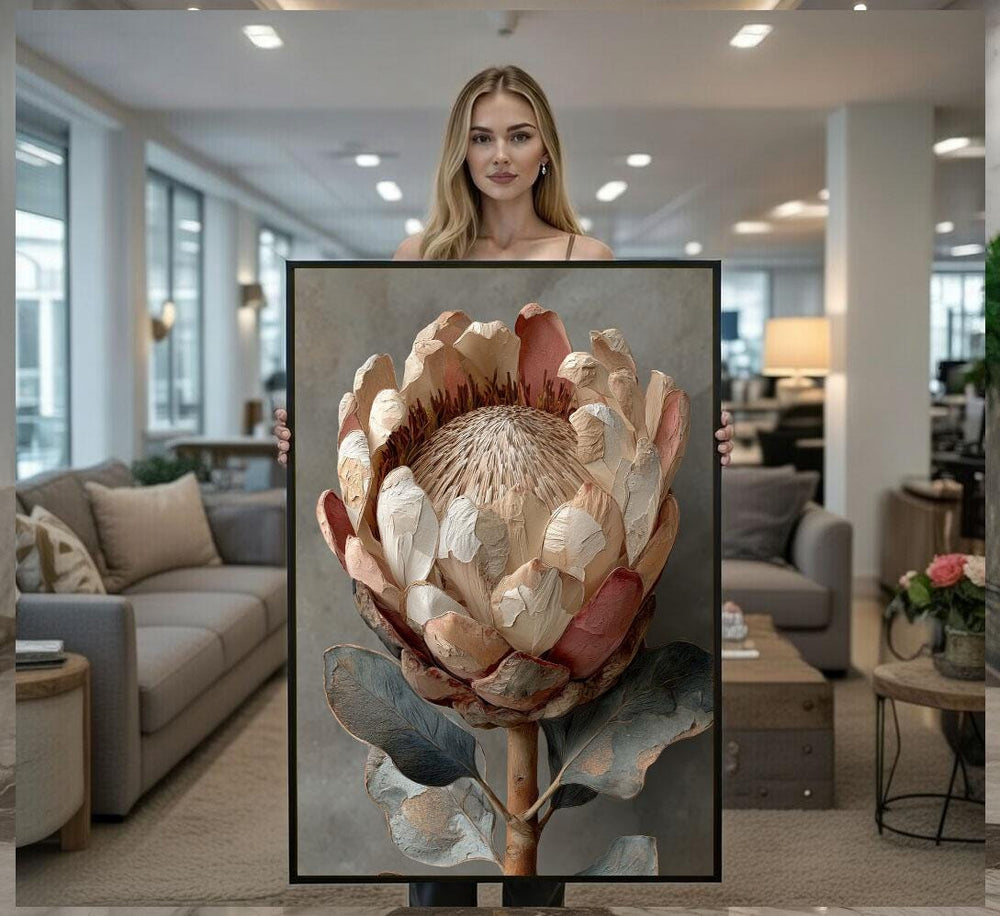 Elegant Protea Flower Canvas Wall Art Print  Rustic Living Room Decor  Statement Piece