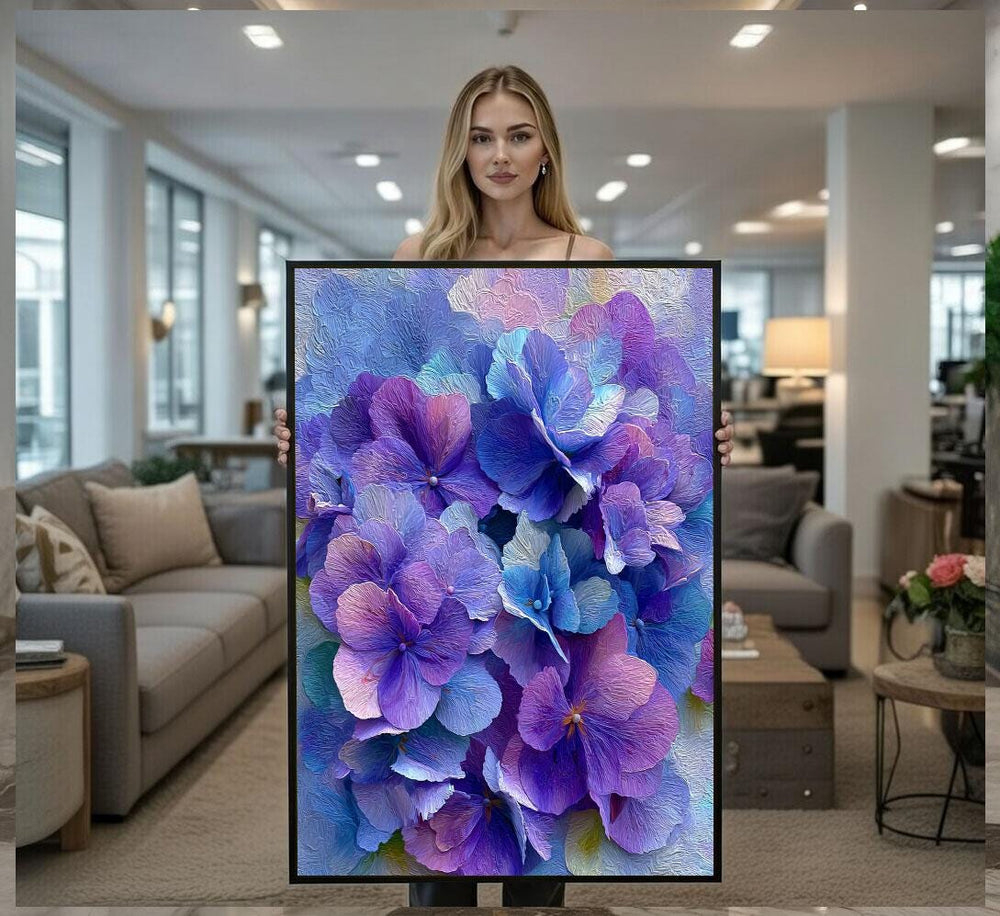Elegant Floral Hydrangea Canvas Wall Art Print  Purple Blue Living Room Decor  Modern Art Lovers