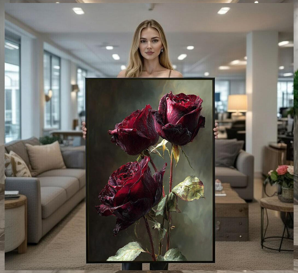 Elegant Deep Red Roses Canvas Wall Art Print  Romantic Living Room Decor  Ready to Hang