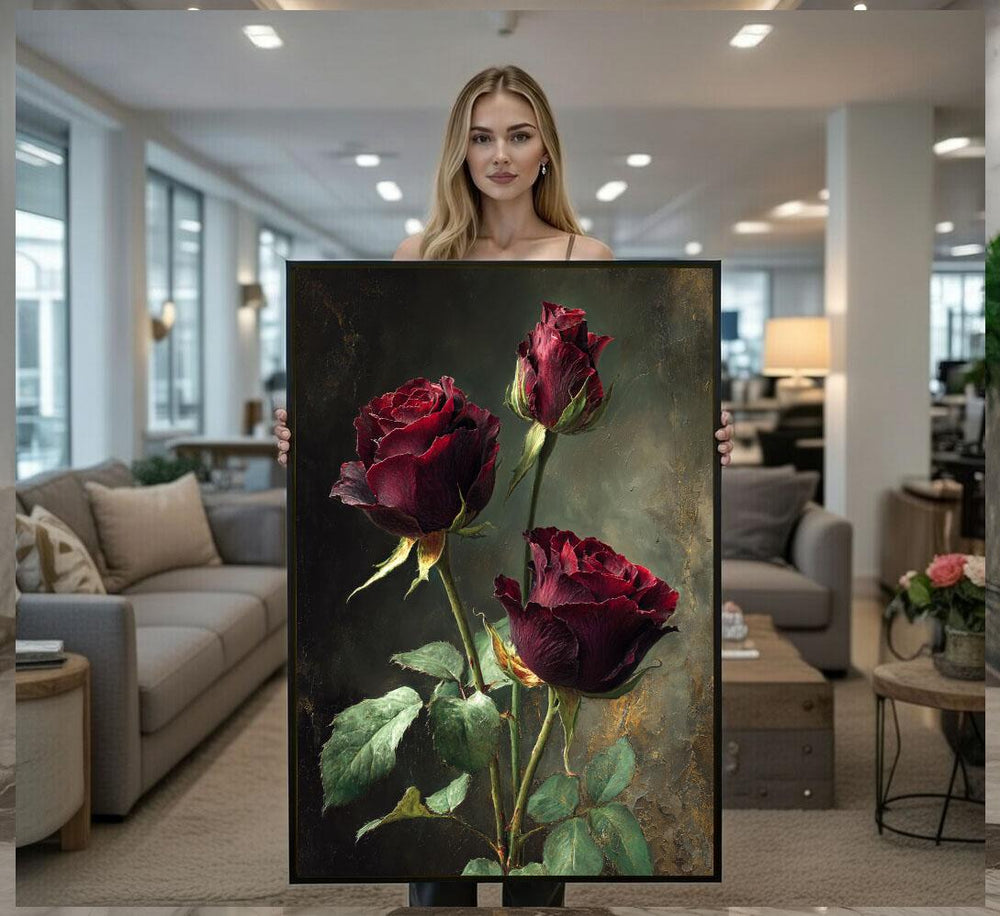 Elegant Red Rose Bouquet Canvas Wall Art Print  Vintage Living Room Decor  Statement Piece